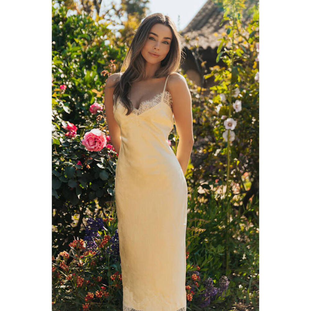Lulus Raenne Light Yellow Crinkle Satin Lace Midi Slip Dress - Size S